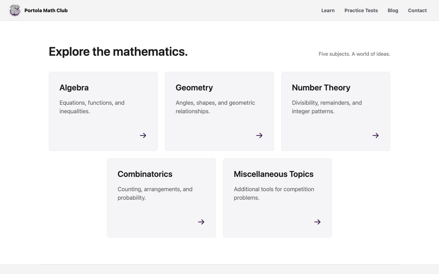 Math club site home page with five subject cards: Algebra, Geometry, Number Theory, Combinatorics, Miscellaneous Topics.