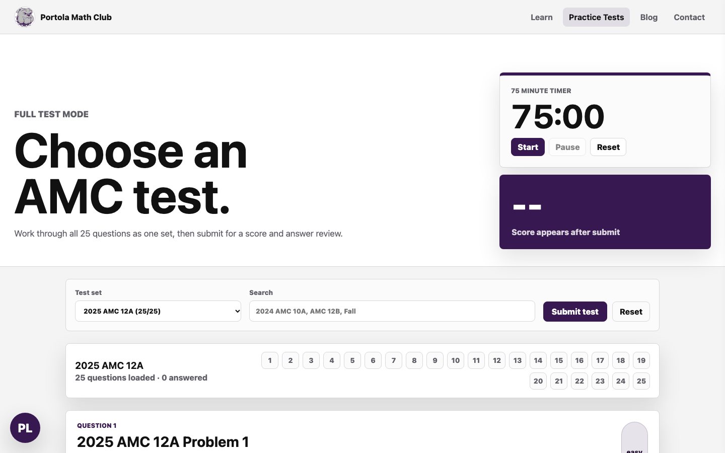 Practice test page showing a 75-minute timer, the 2025 AMC 12A selected, and question buttons 1 to 25.